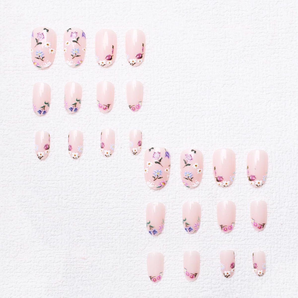 Colorful Flowers Press on Nails - Short Almond Shaped Fake Nails with Embossed Floral Design, Glossy Acrylic Full Cover Stick on Nails for Women, 24 Pcs - görsel 9