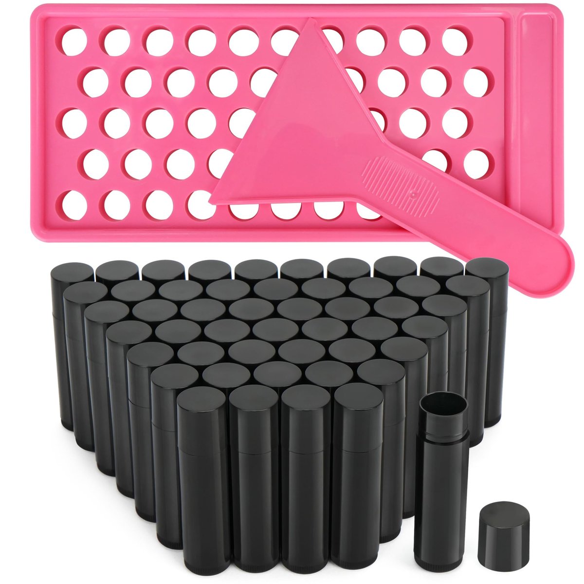 LotFancy Lip Balm Tubes Kit with Filling Tray and Spatula - 50-Pack 4.5ml Black BPA-Free Leak-Proof Containers for Handmade Lip Balm Making Avelisse