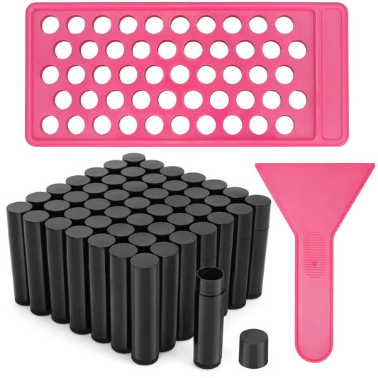 LotFancy Lip Balm Tubes Kit with Filling Tray and Spatula - 50-Pack 4.5ml Black BPA-Free Leak-Proof Containers for Handmade Lip Balm Making Avelisse