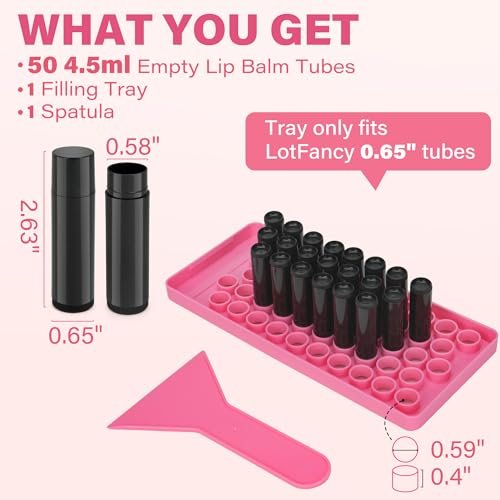 LotFancy Lip Balm Tubes Kit with Filling Tray and Spatula - 50-Pack 4.5ml Black BPA-Free Leak-Proof Containers for Handmade Lip Balm Making Avelisse