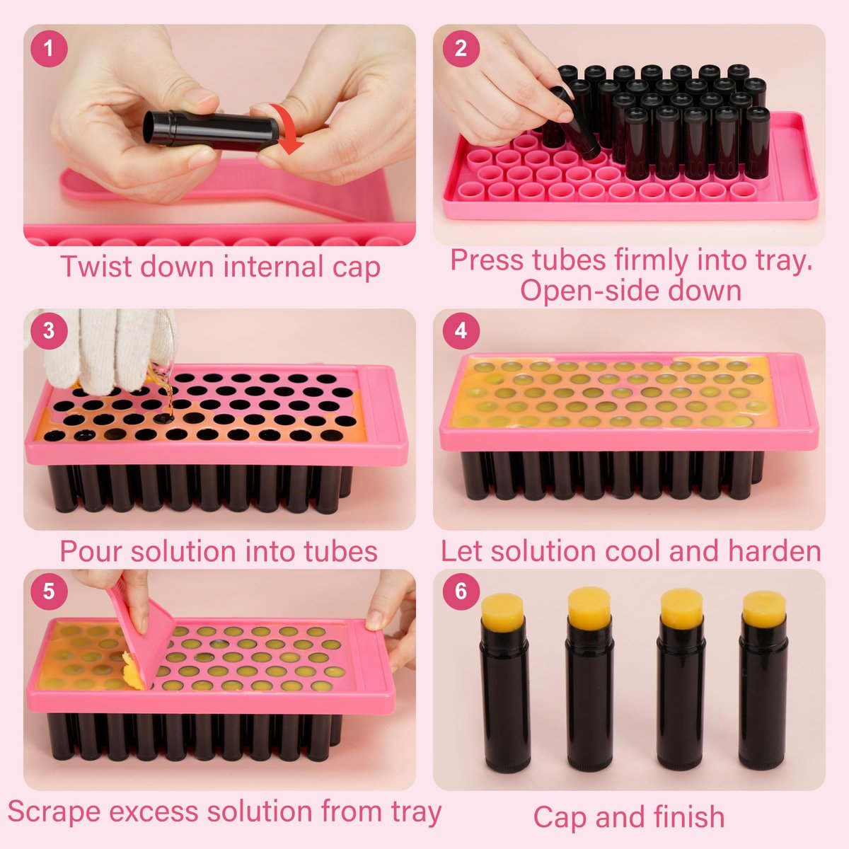 LotFancy Lip Balm Tubes Kit with Filling Tray and Spatula - 50-Pack 4.5ml Black BPA-Free Leak-Proof Containers for Handmade Lip Balm Making Avelisse