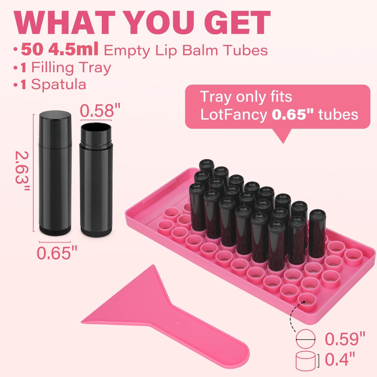 LotFancy Lip Balm Tubes Kit with Filling Tray and Spatula - 50-Pack 4.5ml Black BPA-Free Leak-Proof Containers for Handmade Lip Balm Making Avelisse