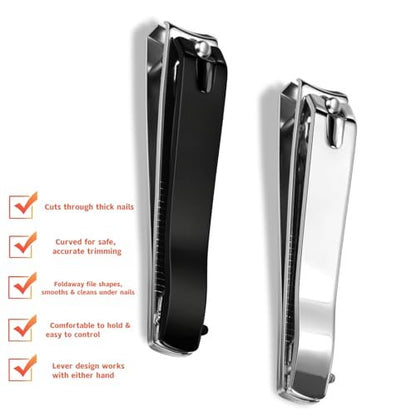 Ucheom Large Nail Clippers 2-Pack: Sharp Stainless Steel Fingernail & Toenail Trimmers with Nail File, Manicure Kit for Men & Women, Black and Silver