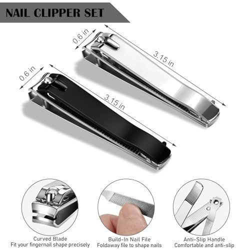 Ucheom Large Nail Clippers 2-Pack: Sharp Stainless Steel Fingernail & Toenail Trimmers with Nail File, Manicure Kit for Men & Women, Black and Silver - görsel 4