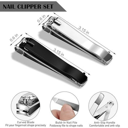 Ucheom Large Nail Clippers 2-Pack: Sharp Stainless Steel Fingernail & Toenail Trimmers with Nail File, Manicure Kit for Men & Women, Black and Silver