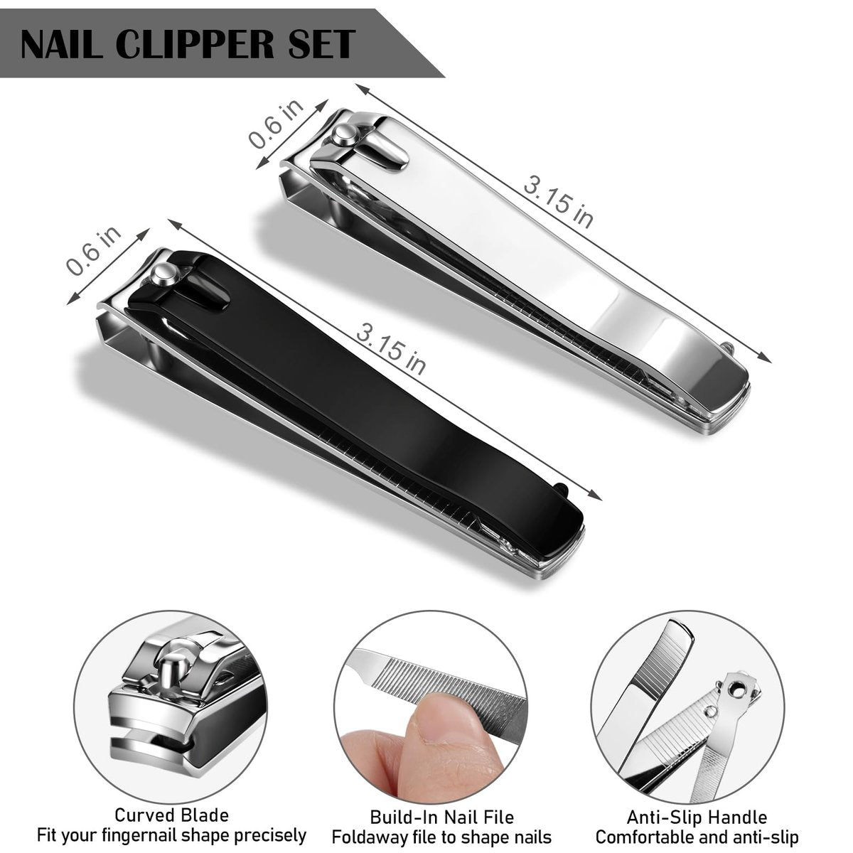 Ucheom Large Nail Clippers 2-Pack: Sharp Stainless Steel Fingernail & Toenail Trimmers with Nail File, Manicure Kit for Men & Women, Black and Silver - görsel 3