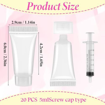 20 Pack 5ml Refillable Empty Tubes with Syringes - Portable Travel Squeezable Containers for Shampoo, Makeup, Facial Cleanser, Lip Gloss
