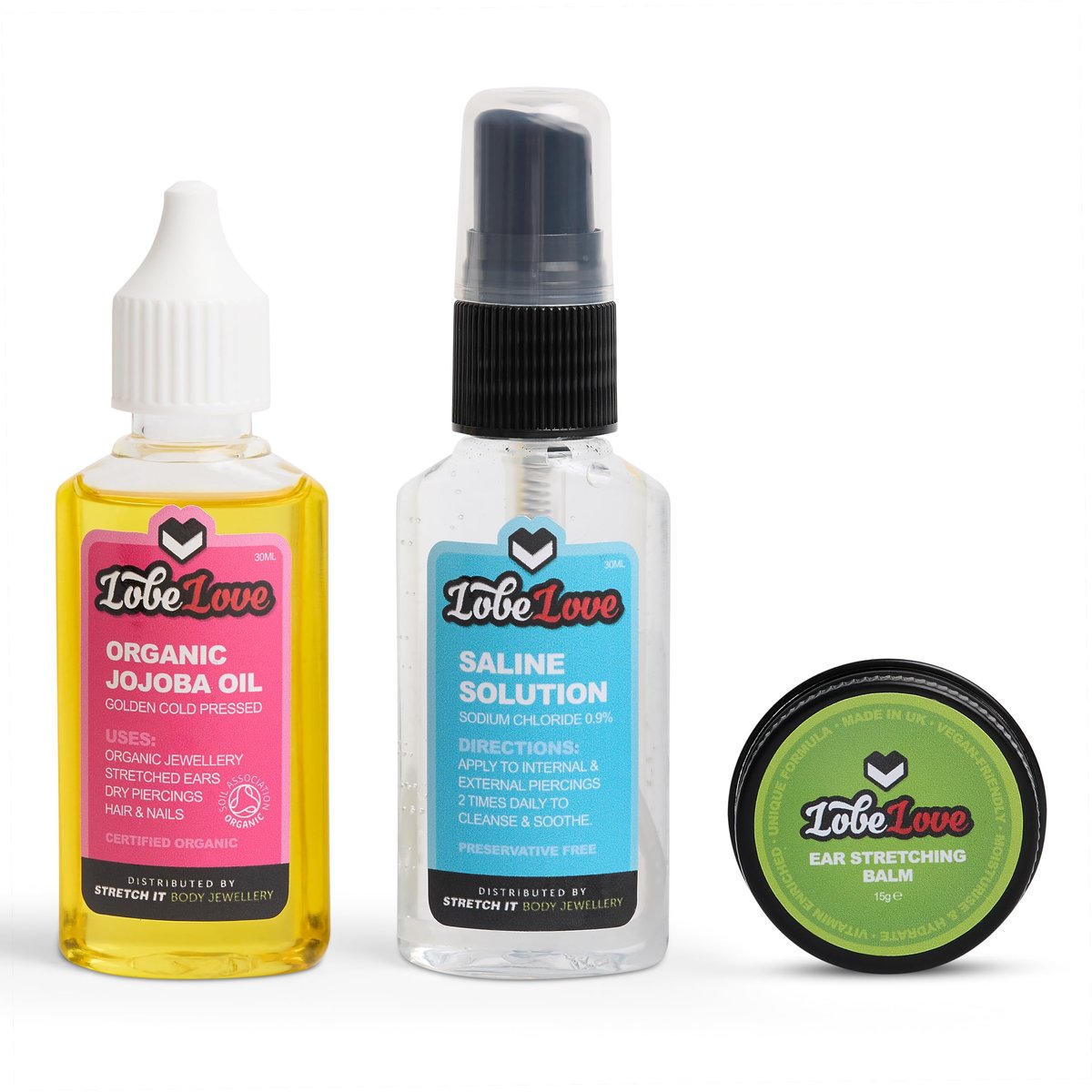 Stretch It - Ear Stretching Aftercare Trio: LobeLove Balm, Jojoba Oil & Saline Spray Avelisse