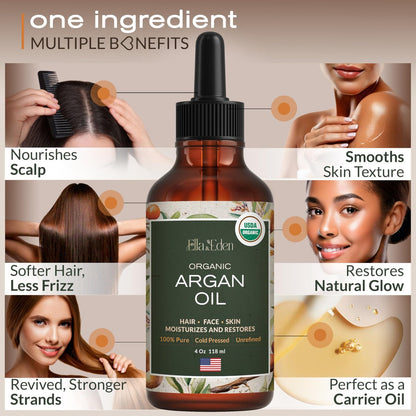 Ella & Eden Organic Argan Oil of Morocco – 100% Pure Cold-Pressed USDA Certified Unrefined Moroccan Argan Oil for Hair, Face & Skin, 4 Fl Oz Glass Bottle Avelisse