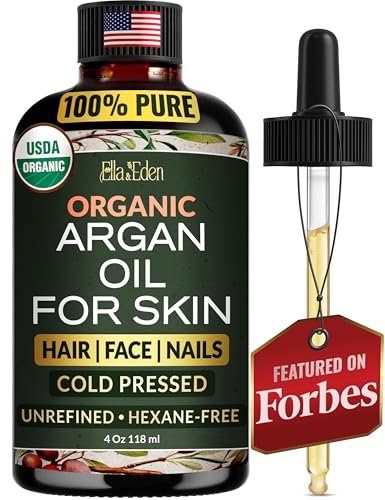 Ella & Eden Organic Argan Oil of Morocco – 100% Pure Cold-Pressed USDA Certified Unrefined Moroccan Argan Oil for Hair, Face & Skin, 4 Fl Oz Glass Bottle Avelisse