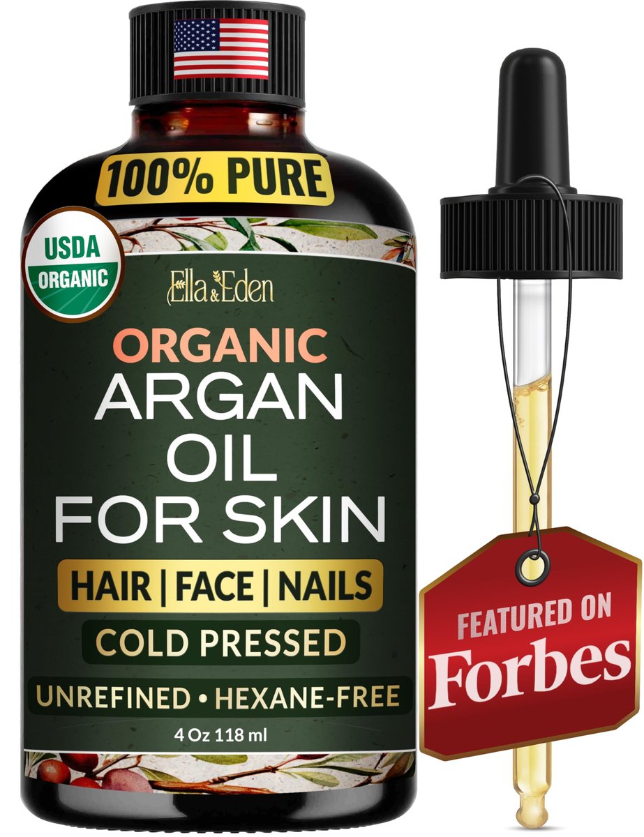 Ella & Eden Organic Argan Oil of Morocco – 100% Pure Cold-Pressed USDA Certified Unrefined Moroccan Argan Oil for Hair, Face & Skin, 4 Fl Oz Glass Bottle Avelisse