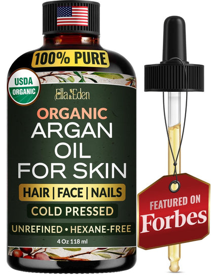 Ella & Eden Organic Argan Oil of Morocco – 100% Pure Cold-Pressed USDA Certified Unrefined Moroccan Argan Oil for Hair, Face & Skin, 4 Fl Oz Glass Bottle Avelisse