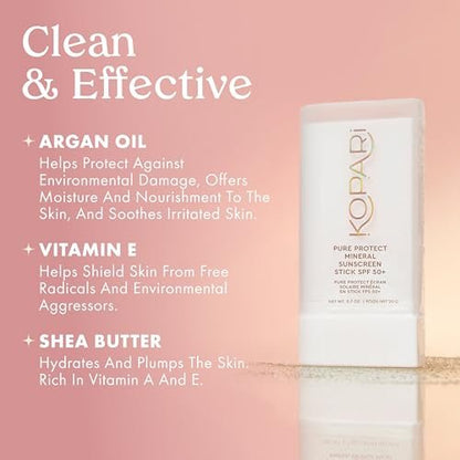 Kopari PURE PROTECT 100% Mineral Sunscreen Stick SPF 50+ - Clear Zinc Oxide Face and Body Sunscreen with Hydrating Argan Oil & Shea Butter, Sheer Finish, Ultra-Portable for Easy Reapplication Avelisse