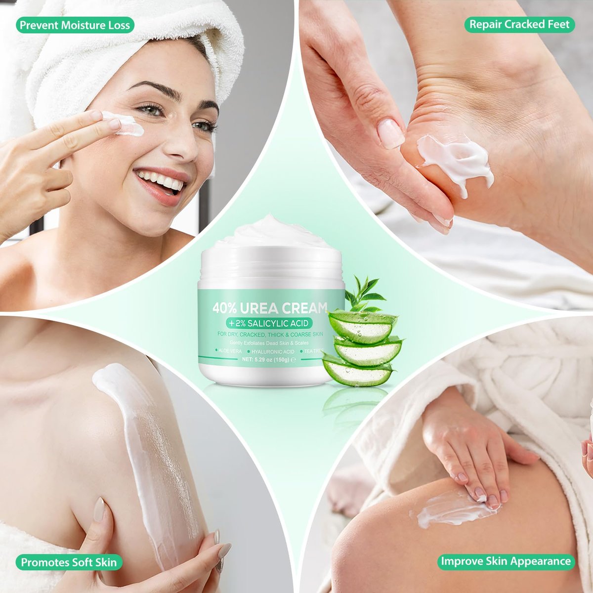 40% Urea Cream for Feet with Salicylic Acid, Hyaluronic Acid, Tea Tree & Aloe Vera – Maximum Strength Moisturizer for Dry, Cracked Heels & Knees (5.29 oz) - görsel 11