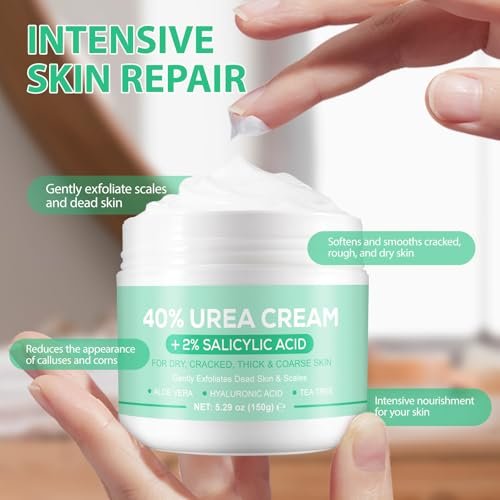 40% Urea Cream for Feet with Salicylic Acid, Hyaluronic Acid, Tea Tree & Aloe Vera – Maximum Strength Moisturizer for Dry, Cracked Heels & Knees (5.29 oz) - görsel 4