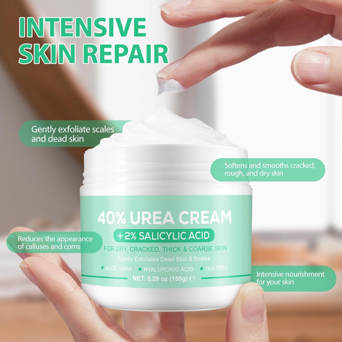 40% Urea Cream for Feet with Salicylic Acid, Hyaluronic Acid, Tea Tree & Aloe Vera – Maximum Strength Moisturizer for Dry, Cracked Heels & Knees (5.29 oz) - görsel 3