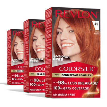 Revlon ColorSilk with Bond Repair Complex Permanent Hair Color - 45 Bright Auburn, 3 Pack, Ammonia Free Avelisse