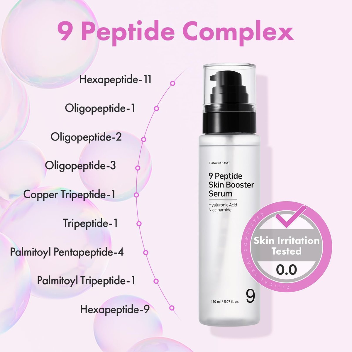 TOSOWOONG 9 Peptide Skin Booster Serum with Niacinamide & Hyaluronic Acid – Korean Skin Care Face Essence for All Skin Types, Paraben Free, 150ml (5.07 fl.oz) Avelisse