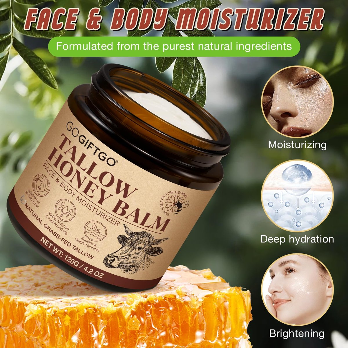 GOGIFTGO Beef Tallow for Skin - Tallow and Honey Balm Natural Face Moisturizer (4.2 Fl Oz) Avelisse