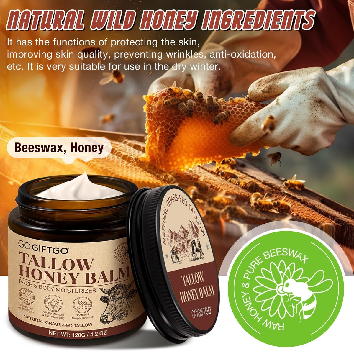 GOGIFTGO Beef Tallow for Skin - Tallow and Honey Balm Natural Face Moisturizer (4.2 Fl Oz) Avelisse