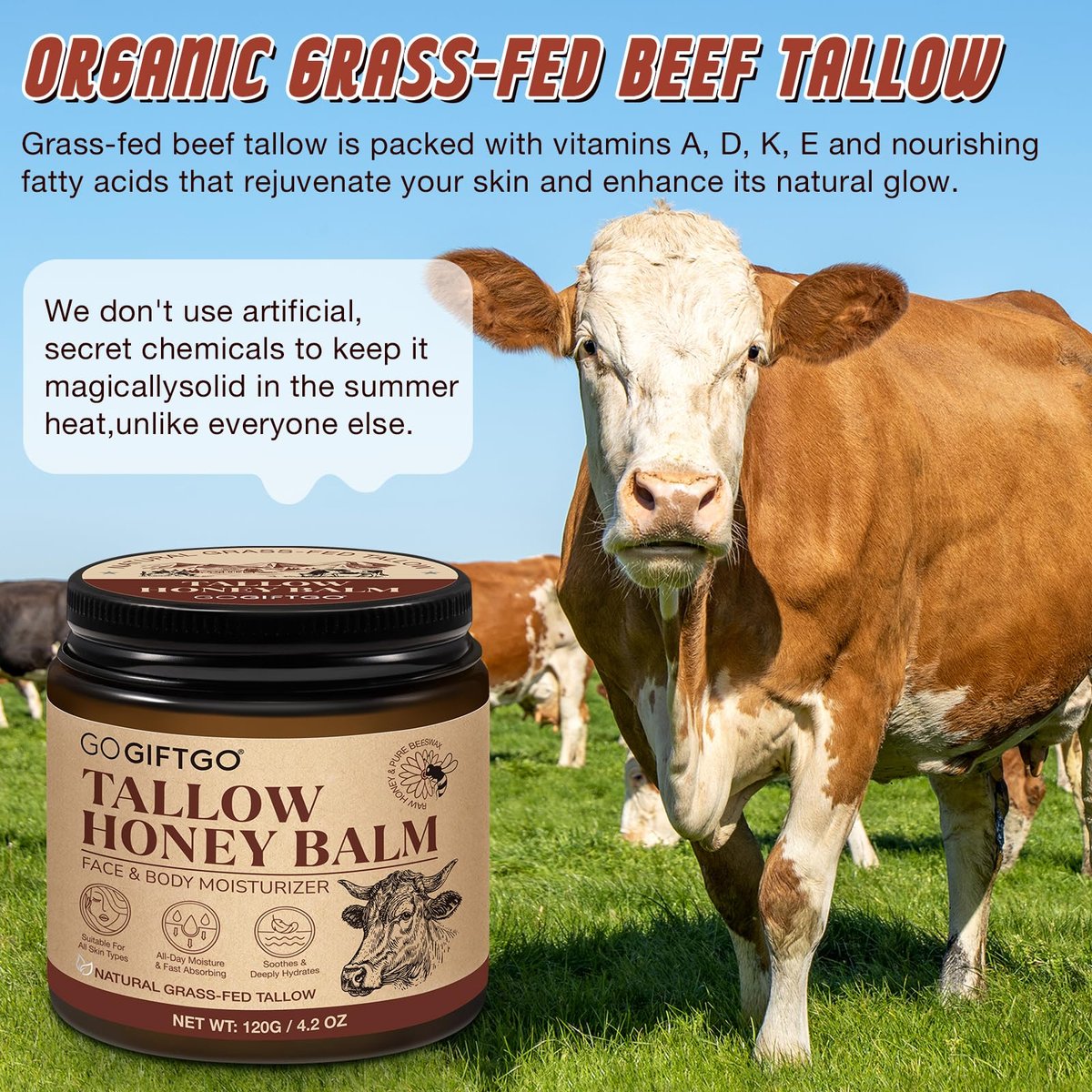 GOGIFTGO Beef Tallow for Skin - Tallow and Honey Balm Natural Face Moisturizer (4.2 Fl Oz) Avelisse