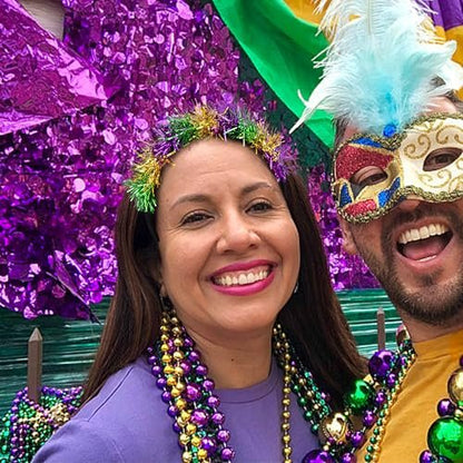 Watayo 2-Pack Mardi Gras Headbands for Women – Adjustable Glitter Pom Pom Hairbands in Purple, Green & Gold