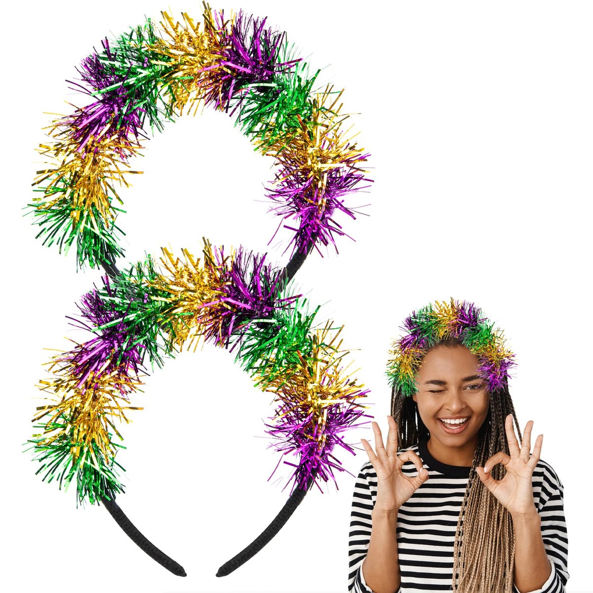Watayo 2-Pack Mardi Gras Headbands for Women – Adjustable Glitter Pom Pom Hairbands in Purple, Green & Gold - görsel 1