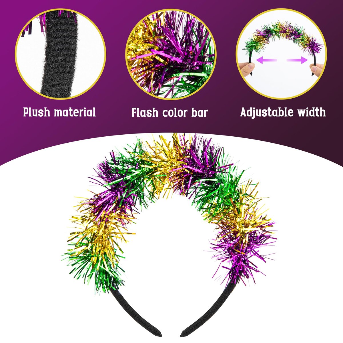 Watayo 2-Pack Mardi Gras Headbands for Women – Adjustable Glitter Pom Pom Hairbands in Purple, Green & Gold - görsel 5