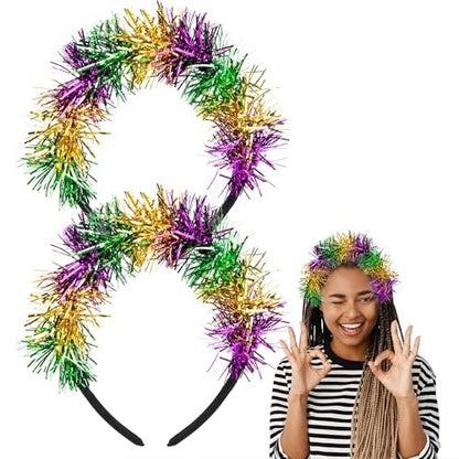 Watayo 2-Pack Mardi Gras Headbands for Women – Adjustable Glitter Pom Pom Hairbands in Purple, Green & Gold