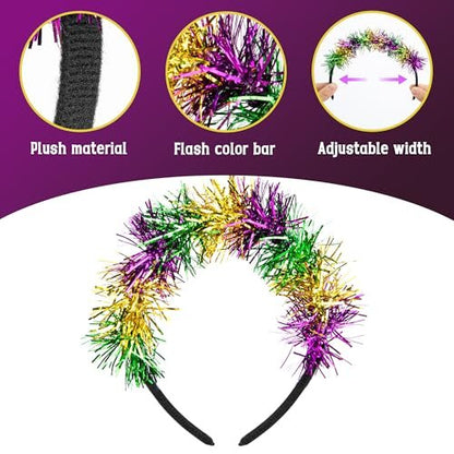 Watayo 2-Pack Mardi Gras Headbands for Women – Adjustable Glitter Pom Pom Hairbands in Purple, Green & Gold