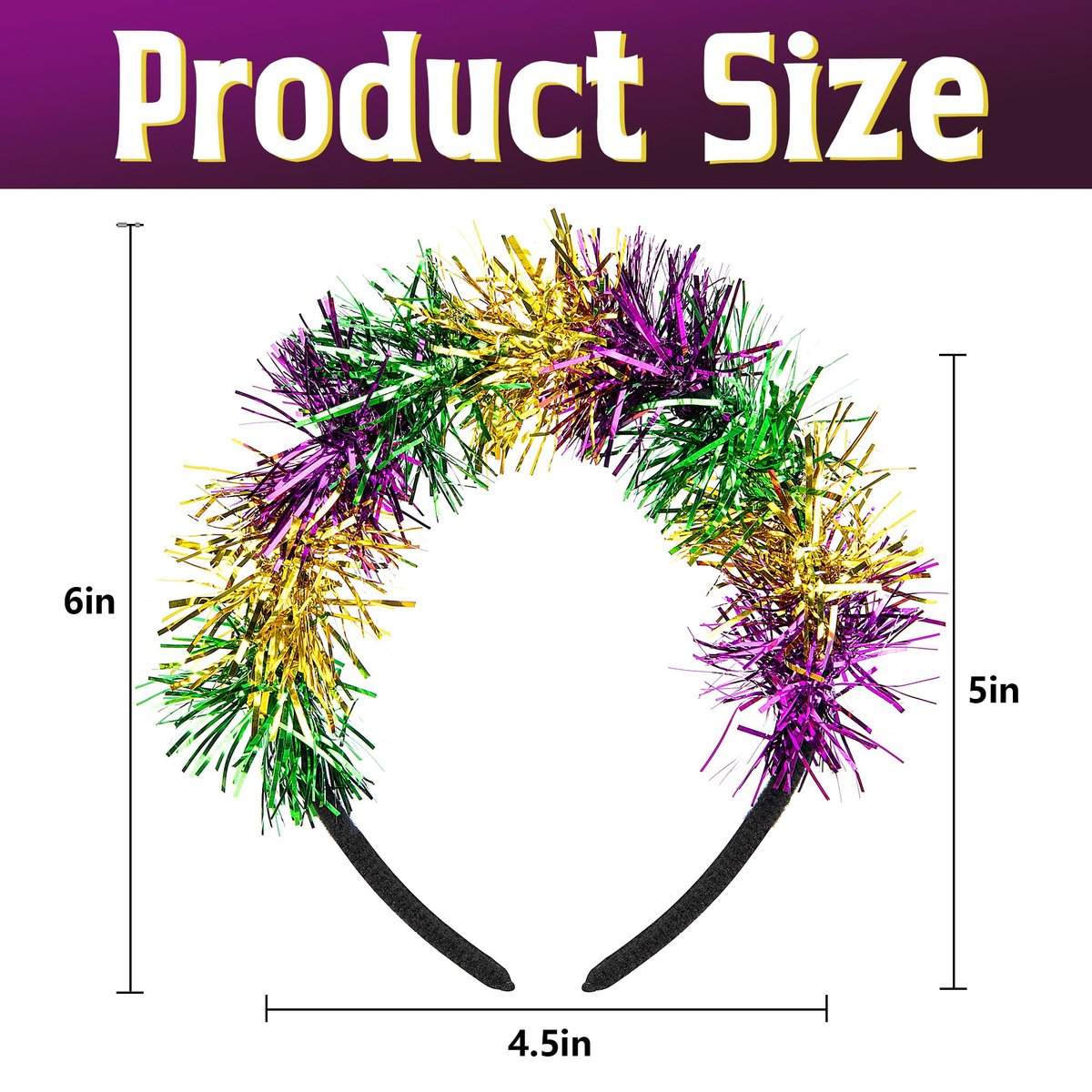 Watayo 2-Pack Mardi Gras Headbands for Women – Adjustable Glitter Pom Pom Hairbands in Purple, Green & Gold - görsel 3