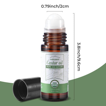 Pexihoap Organic Castor Oil Roll-On for Waist, Belly & Body Skin - Pure Cold Pressed in Glass Bottle, 1 fl oz