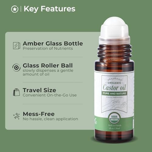 Pexihoap Organic Castor Oil Roll-On for Waist, Belly & Body Skin - Pure Cold Pressed in Glass Bottle, 1 fl oz - görsel 12