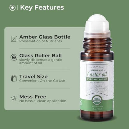 Pexihoap Organic Castor Oil Roll-On for Waist, Belly & Body Skin - Pure Cold Pressed in Glass Bottle, 1 fl oz