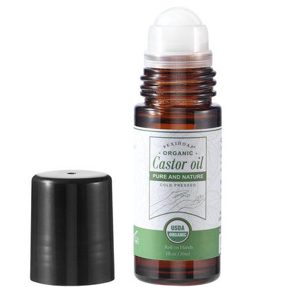 Pexihoap Organic Castor Oil Roll-On for Waist, Belly & Body Skin - Pure Cold Pressed in Glass Bottle, 1 fl oz