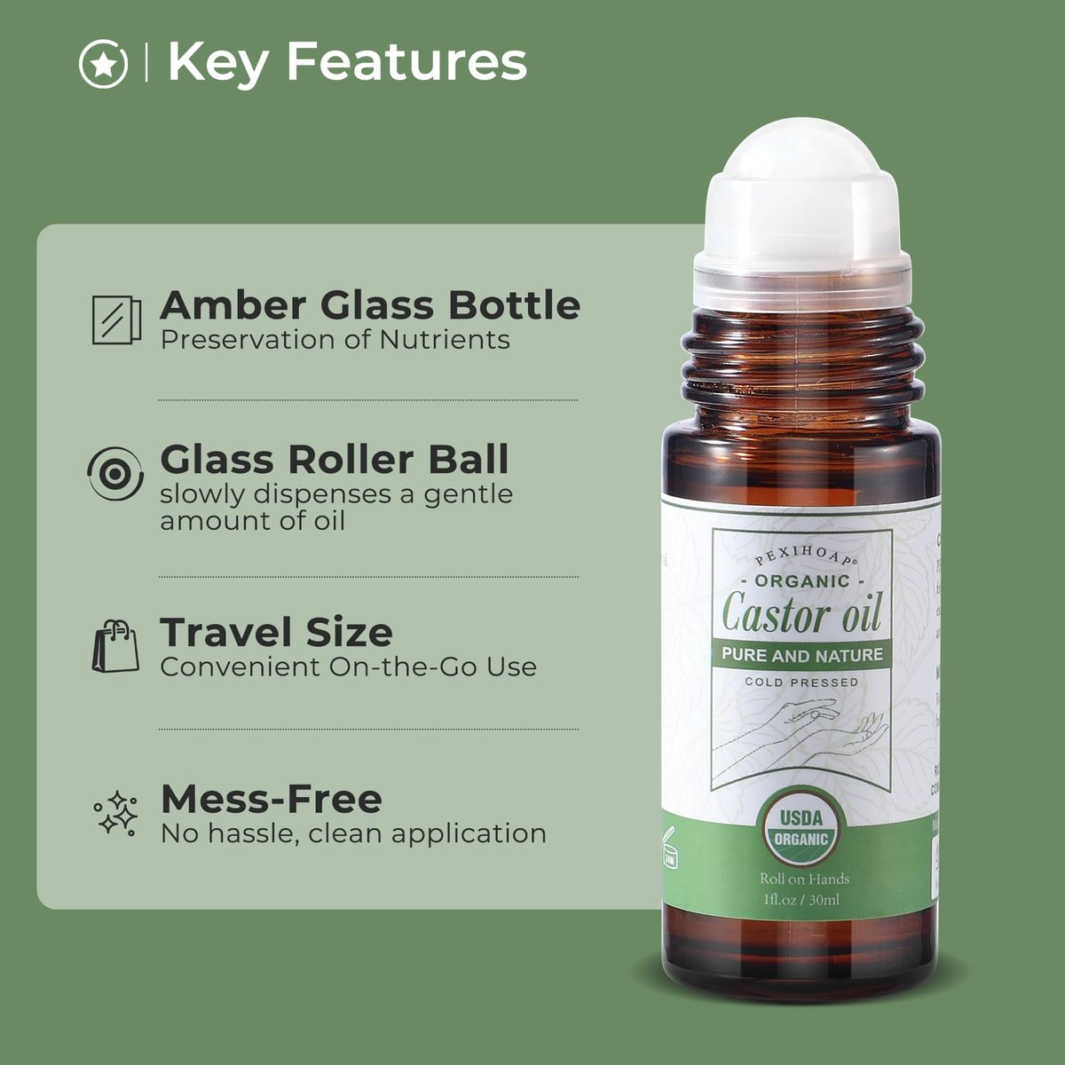Pexihoap Organic Castor Oil Roll-On for Waist, Belly & Body Skin - Pure Cold Pressed in Glass Bottle, 1 fl oz - görsel 11