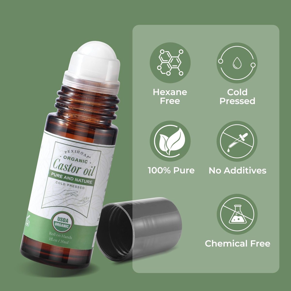 Pexihoap Organic Castor Oil Roll-On for Waist, Belly & Body Skin - Pure Cold Pressed in Glass Bottle, 1 fl oz - görsel 13