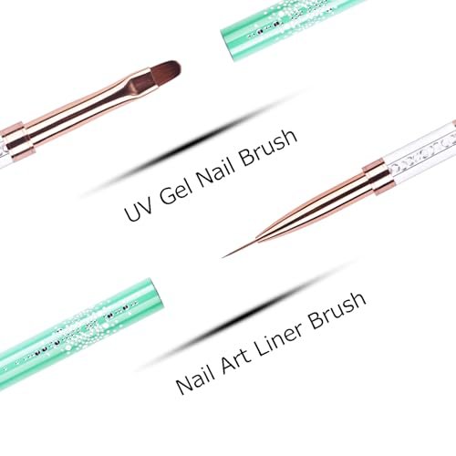 Ycyan Dual-ended UV Builder Gel Nail Brush with Rhinestone Handle - 1 Pack Green Nail Art Liner Brush for Polygel Hard Gel Avelisse