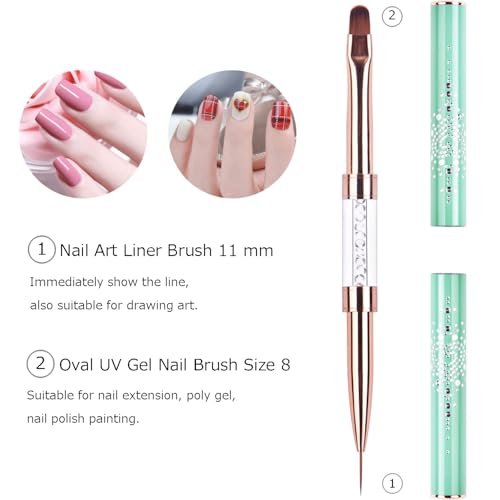 Ycyan Dual-ended UV Builder Gel Nail Brush with Rhinestone Handle - 1 Pack Green Nail Art Liner Brush for Polygel Hard Gel Avelisse