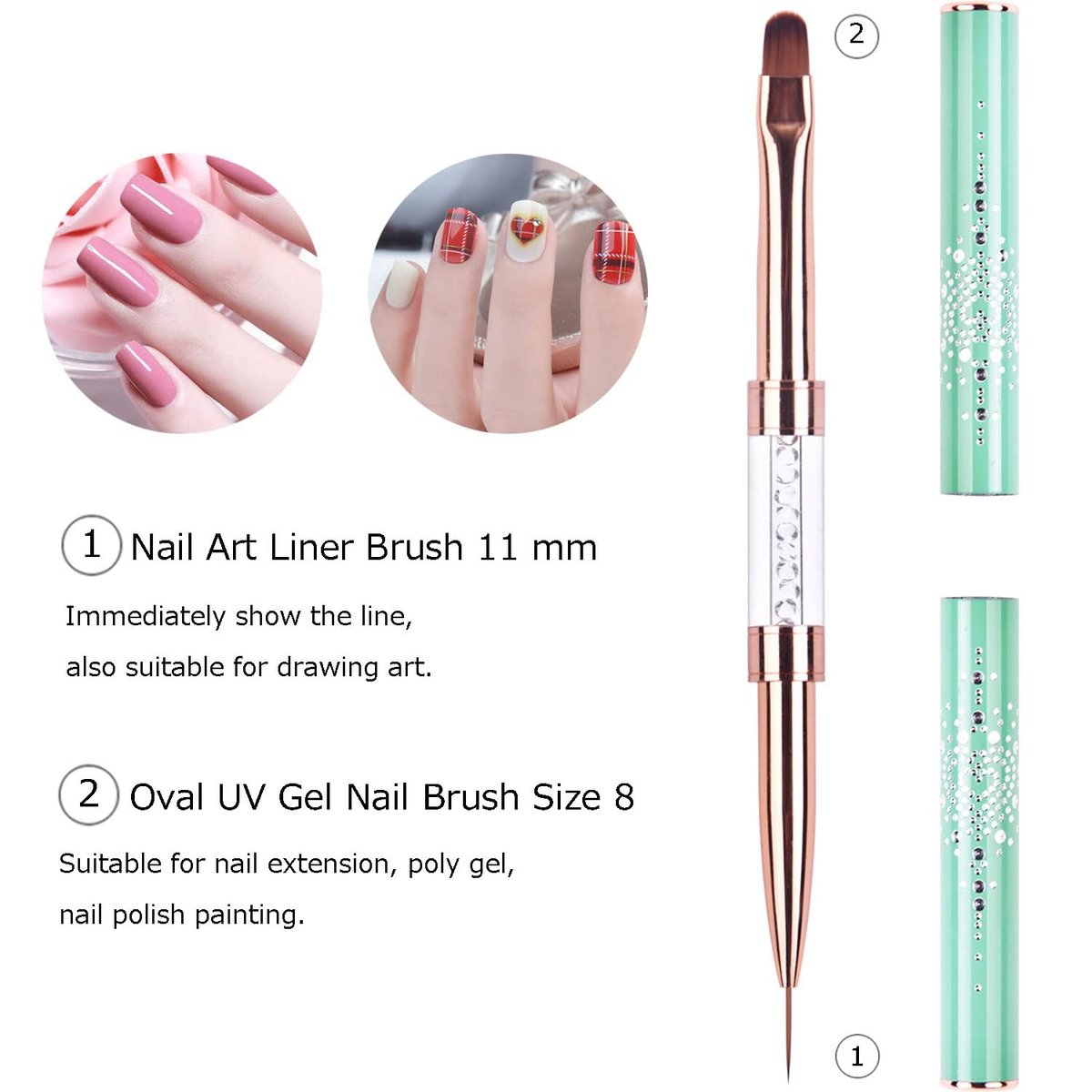 Ycyan Dual-ended UV Builder Gel Nail Brush with Rhinestone Handle - 1 Pack Green Nail Art Liner Brush for Polygel Hard Gel Avelisse
