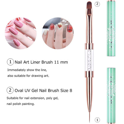 Ycyan Dual-ended UV Builder Gel Nail Brush with Rhinestone Handle - 1 Pack Green Nail Art Liner Brush for Polygel Hard Gel Avelisse