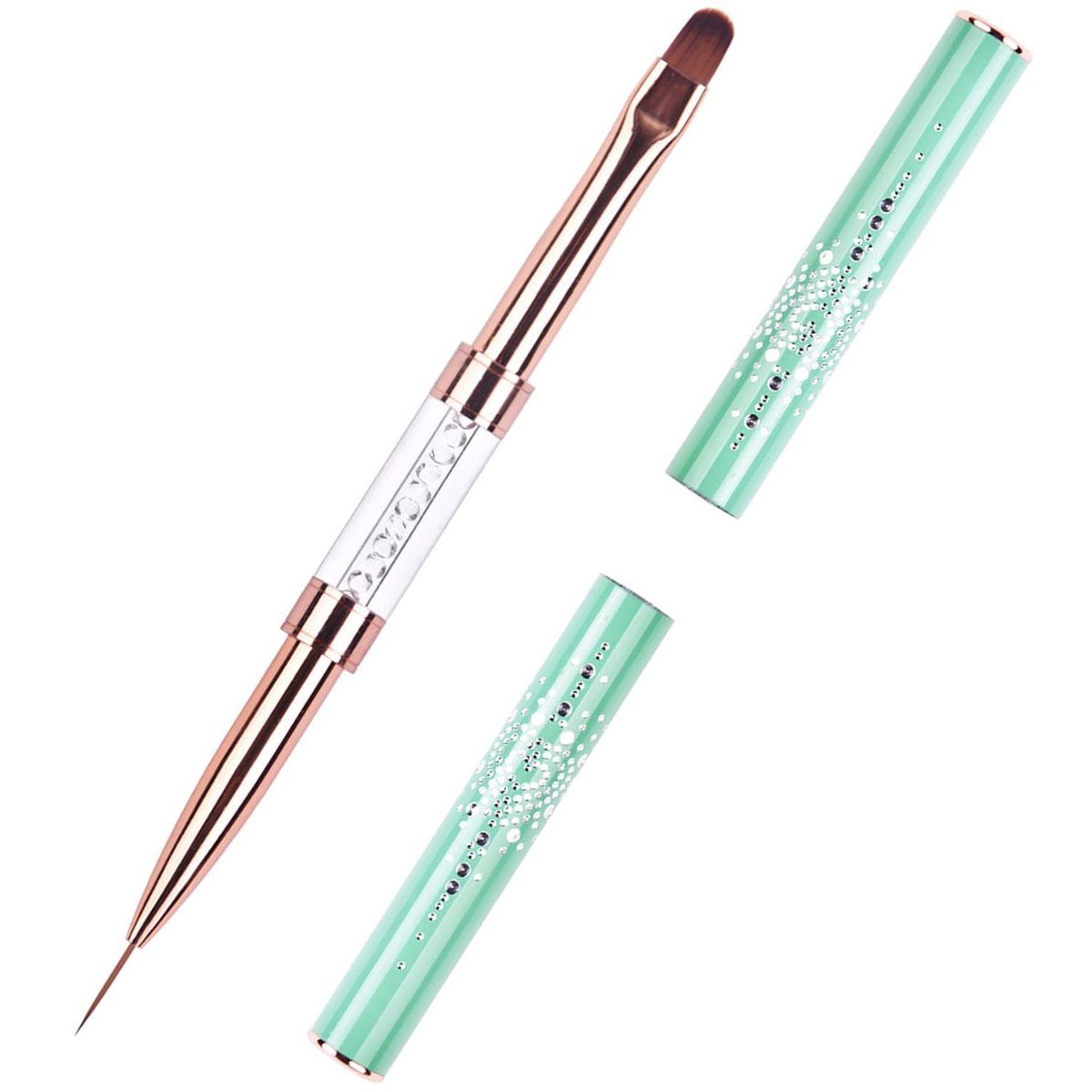 Ycyan Dual-ended UV Builder Gel Nail Brush with Rhinestone Handle - 1 Pack Green Nail Art Liner Brush for Polygel Hard Gel Avelisse