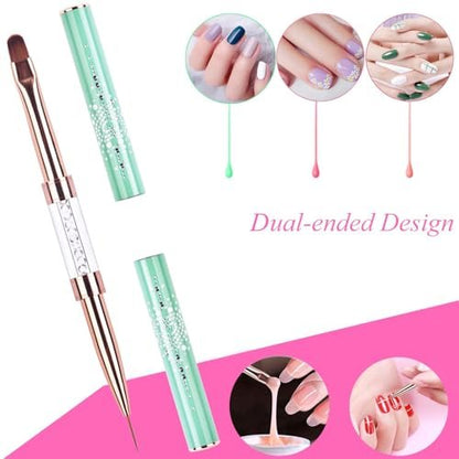 Ycyan Dual-ended UV Builder Gel Nail Brush with Rhinestone Handle - 1 Pack Green Nail Art Liner Brush for Polygel Hard Gel Avelisse