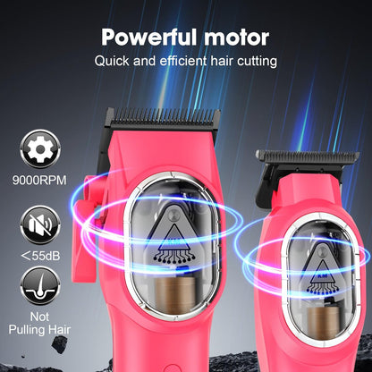 KEMEI Professional Hair Clippers Set for Men - Cordless Electric Clippers Kit with LED Display, Pink Metal Haircut Trimmer
