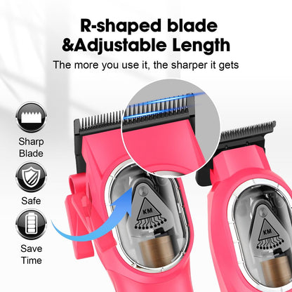 KEMEI Professional Hair Clippers Set for Men - Cordless Electric Clippers Kit with LED Display, Pink Metal Haircut Trimmer
