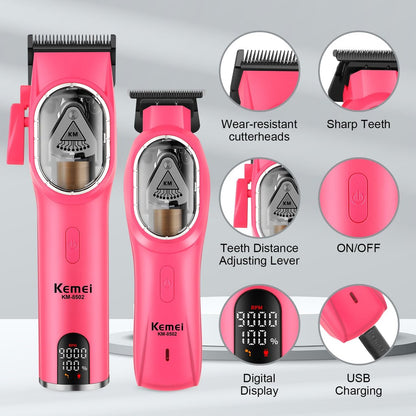 KEMEI Professional Hair Clippers Set for Men - Cordless Electric Clippers Kit with LED Display, Pink Metal Haircut Trimmer