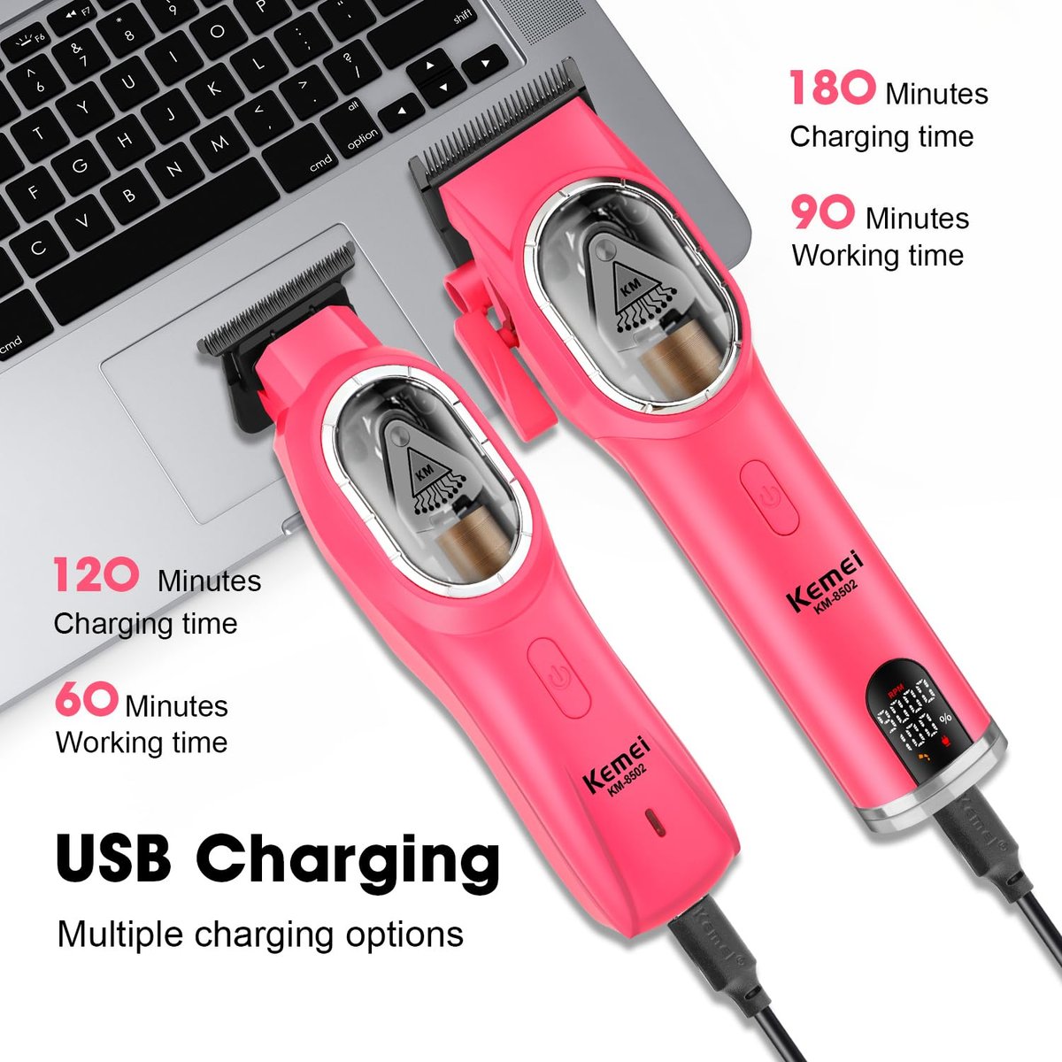 KEMEI Professional Hair Clippers Set for Men - Cordless Electric Clippers Kit with LED Display, Pink Metal Haircut Trimmer - görsel 9