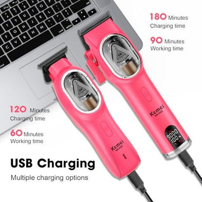 KEMEI Professional Hair Clippers Set for Men - Cordless Electric Clippers Kit with LED Display, Pink Metal Haircut Trimmer