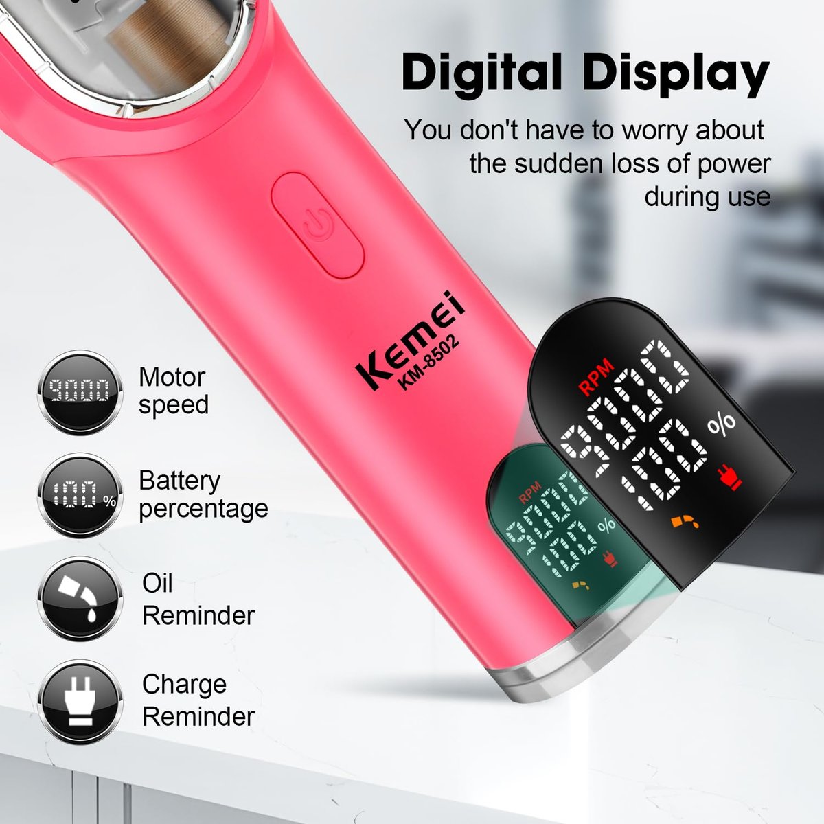 KEMEI Professional Hair Clippers Set for Men - Cordless Electric Clippers Kit with LED Display, Pink Metal Haircut Trimmer - görsel 7