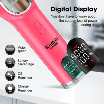 KEMEI Professional Hair Clippers Set for Men - Cordless Electric Clippers Kit with LED Display, Pink Metal Haircut Trimmer